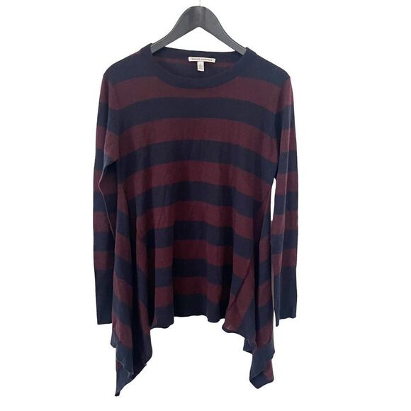 Autumn Cashmere Burgundy Navy Stripe Asymmetrical Hemline 100%‎ Cashmere Sweater - Picture 1 of 7